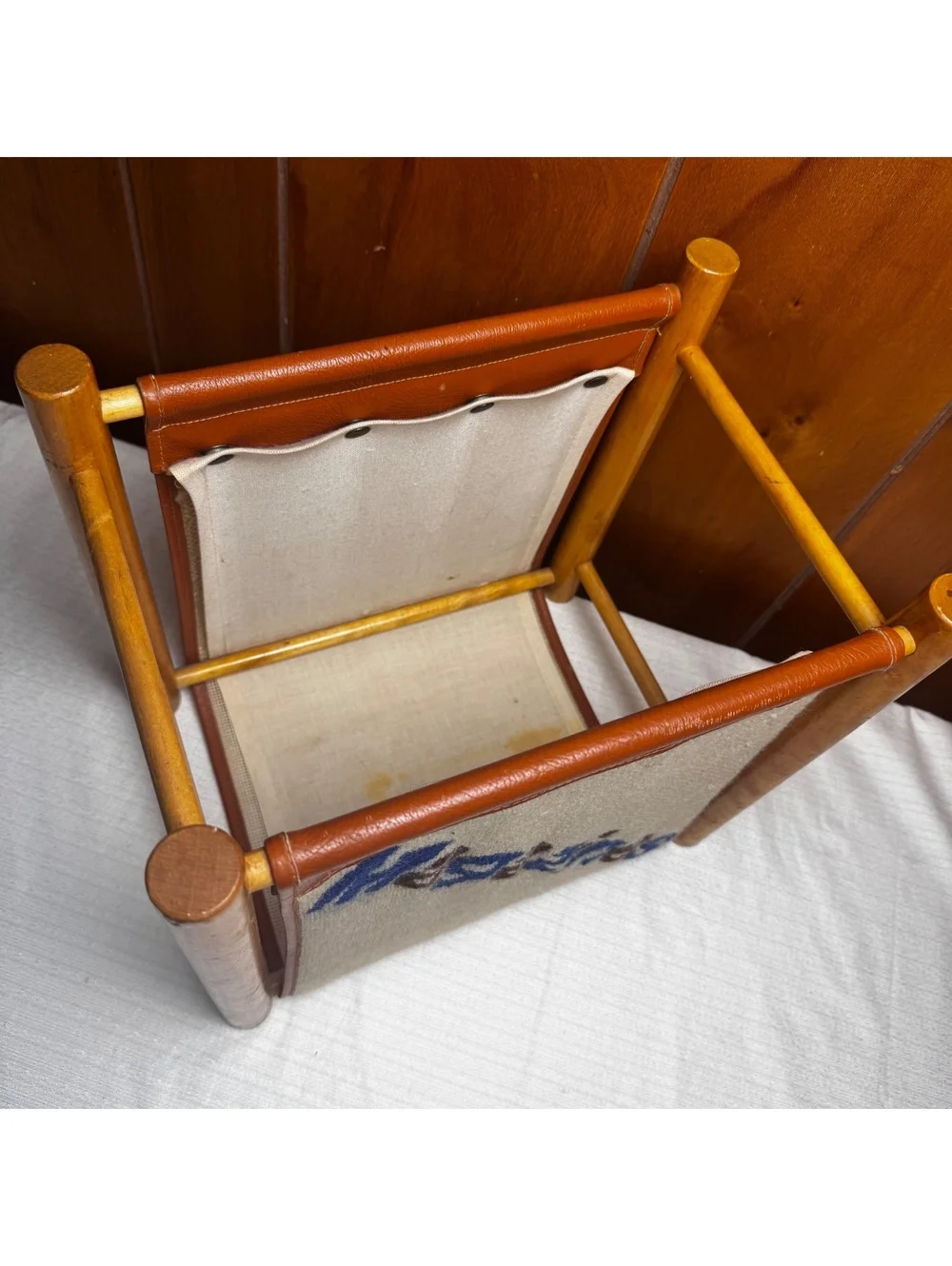 Vintage Wooden Magazine Rack Brown Leather Canvas Sling Holder Mid Century 13x12